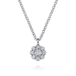 14K White Gold Diamond Cluster Flower Pendant Necklace