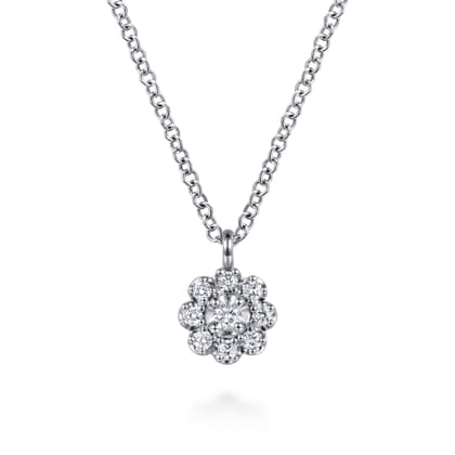 14K White Gold Diamond Cluster Flower Pendant Necklace
