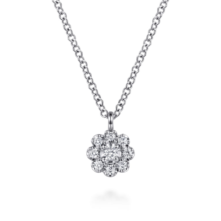 14K White Gold Diamond Cluster Flower Pendant Necklace - 0.1 ct - Shot 1