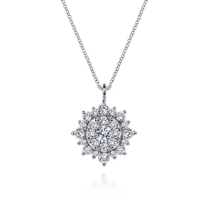 14K White Gold Diamond Cluster Pendant Necklace