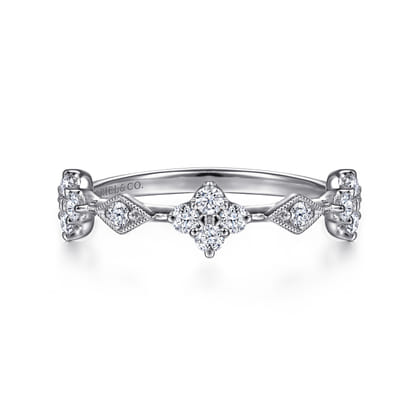 14K White Gold Diamond Cluster Station Ring