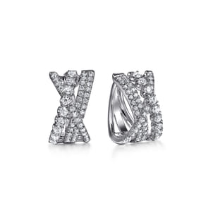 14K White Gold Diamond Criss Cross Huggie Earrings