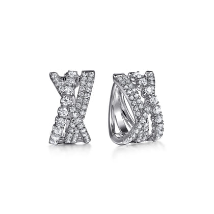 14K White Gold Diamond Criss Cross Huggie Earrings