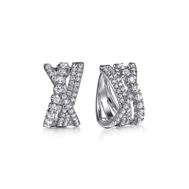 14K White Gold Diamond Criss Cross Huggie Earrings - 0.75 ct - Shot 1