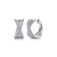 14K White Gold Diamond Criss Cross Huggie Earrings