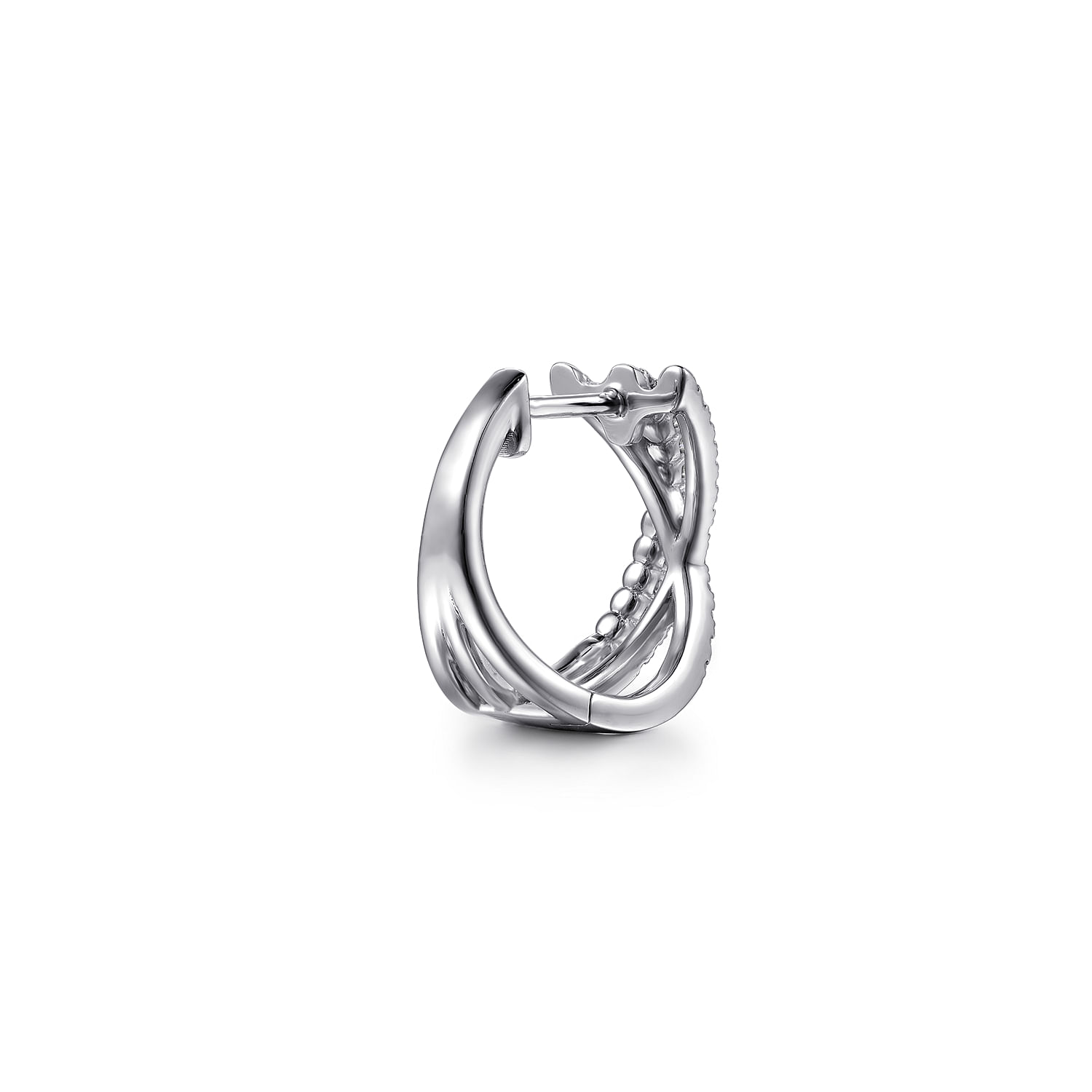 14K White Gold Diamond Criss Cross Huggie Earrings