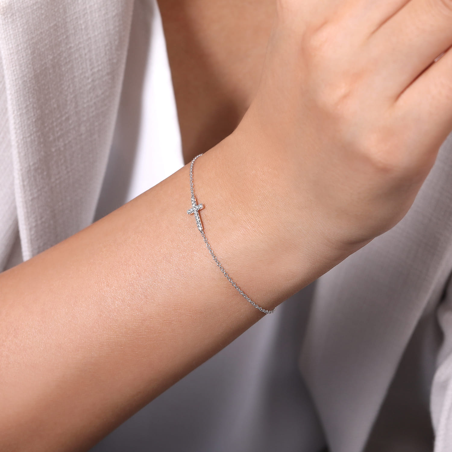 14K White Gold Diamond Cross Bracelet