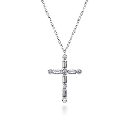 14K White Gold Diamond Cross Necklace