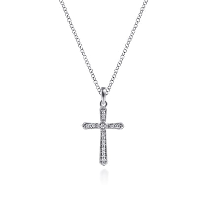 14K White Gold Diamond Cross Pendant Necklace