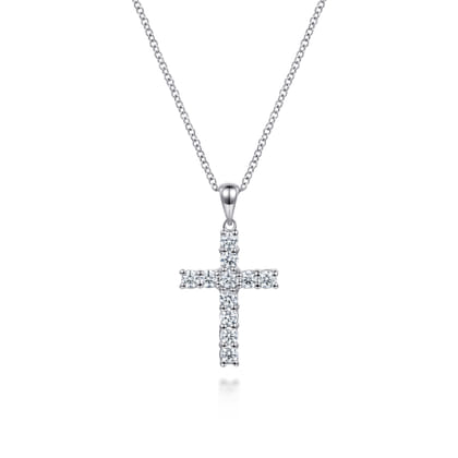 14K White Gold Diamond Cross Pendant Necklace