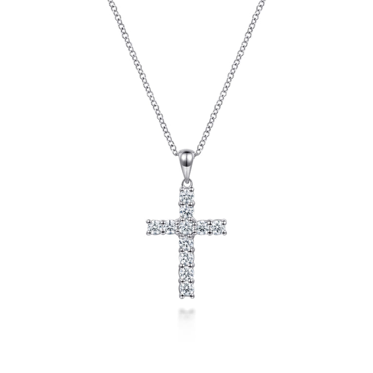 14K White Gold Diamond Cross Pendant Necklace - 0.65 ct - Shot 1