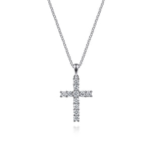 14K White Gold Diamond Cross Pendant Necklace