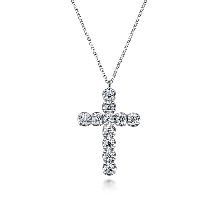 14K White Gold Diamond Cross Pendant Necklace - 1.5 ct - Shot 1