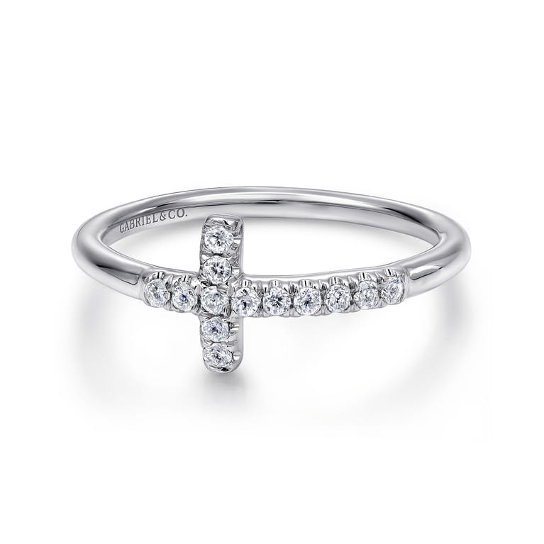 14K White Gold Diamond Cross Ring - 0.13 ct - Shot 1