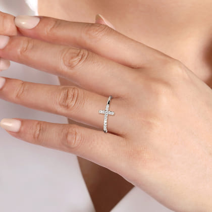 14K White Gold Diamond Cross Ring