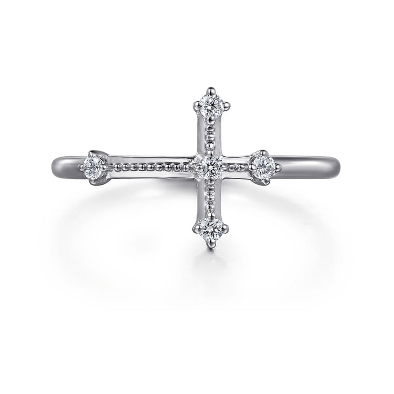 14K White Gold Diamond Cross Ring - 0.08 ct - Shot 1