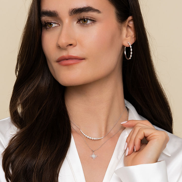 14K White Gold Diamond Curved Bar Necklace