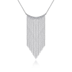 14K White Gold Diamond Curved Bar and Waterfall Chain Necklace