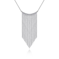 14K White Gold Diamond Curved Bar and Waterfall Chain Necklace
