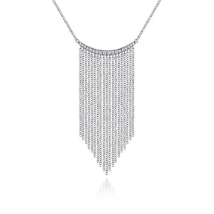 14K White Gold Diamond Curved Bar and Waterfall Chain Necklace