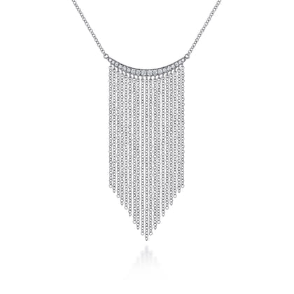 14K White Gold Diamond Curved Bar and Waterfall Chain Necklace