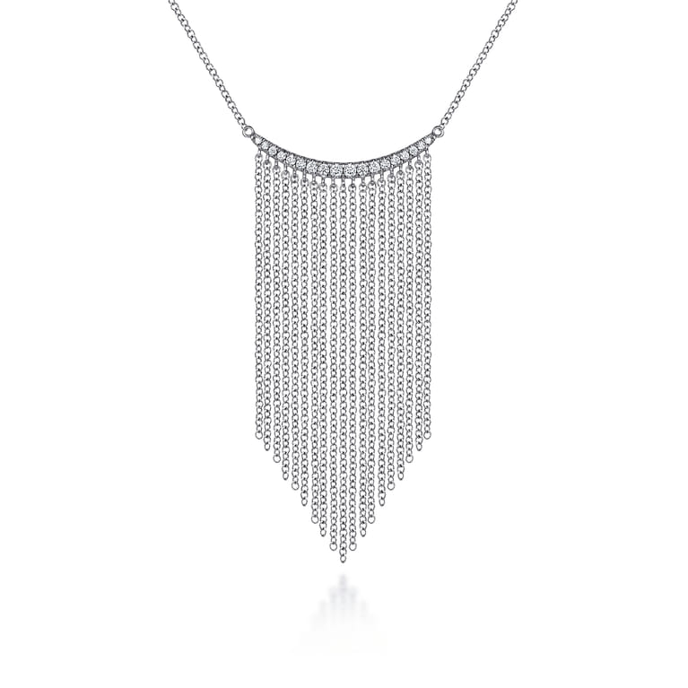 14K White Gold Diamond Curved Bar and Waterfall Chain Necklace - 0.18 ct - Shot 1