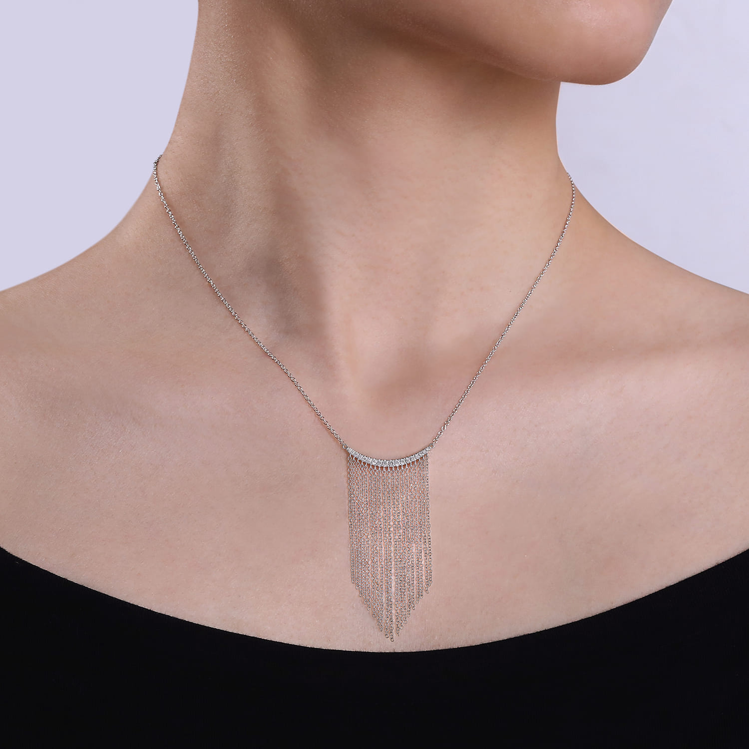 14K White Gold Diamond Curved Bar and Waterfall Chain Necklace - 0.18 ct - Shot 3