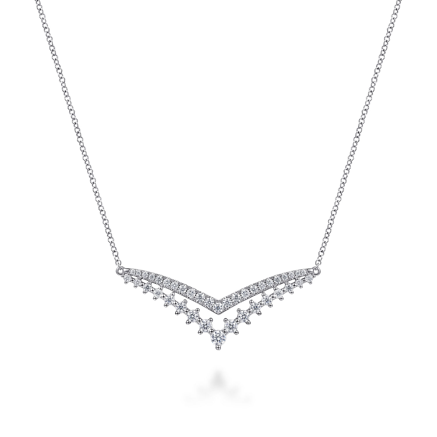 14K White Gold Diamond Double Chevron Bar Necklace