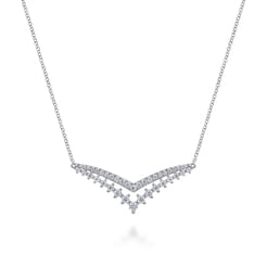 14K White Gold Diamond Double Chevron Bar  Necklace