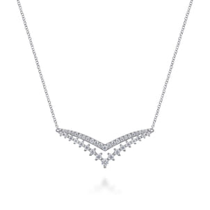 14K White Gold Diamond Double Chevron Bar Necklace