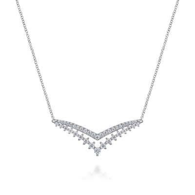 14K White Gold Diamond Double Chevron Bar Necklace
