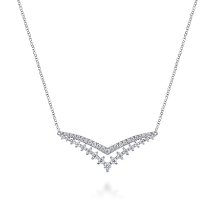 14K White Gold Diamond Double Chevron Bar Necklace