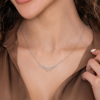 14K White Gold Diamond Double Chevron Bar Necklace