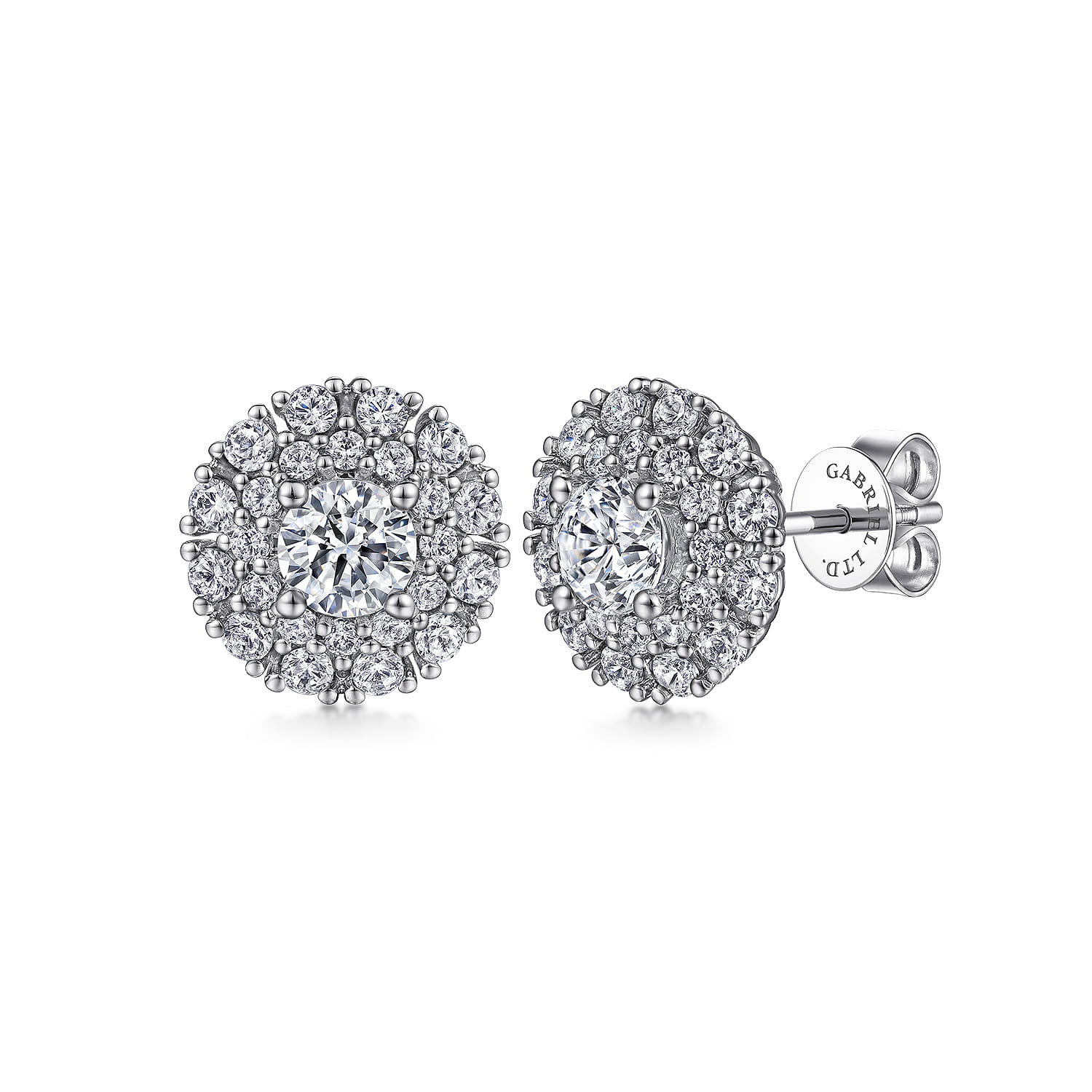 14K White Gold Diamond Double Halo Stud Earrings - 2.05 ct - Shot 1