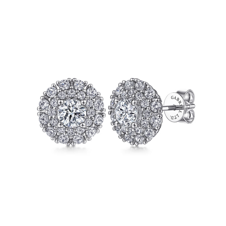 14K White Gold Diamond Double Halo Stud Earrings - 2.05 ct - Shot 1