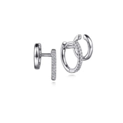 14K White Gold Diamond Double Huggie-Cuff Earrings With U Set