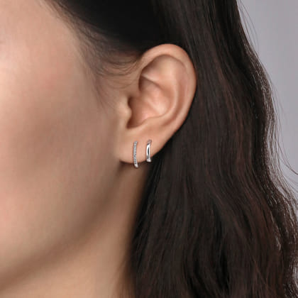 14K White Gold Diamond Double Huggie-Cuff Earrings With U Set