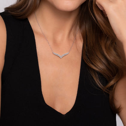 14K White Gold Diamond Double Row Chevron Bar Necklace