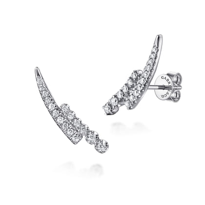 14K White Gold Diamond Double Row Stacked Ear Climber Earrings