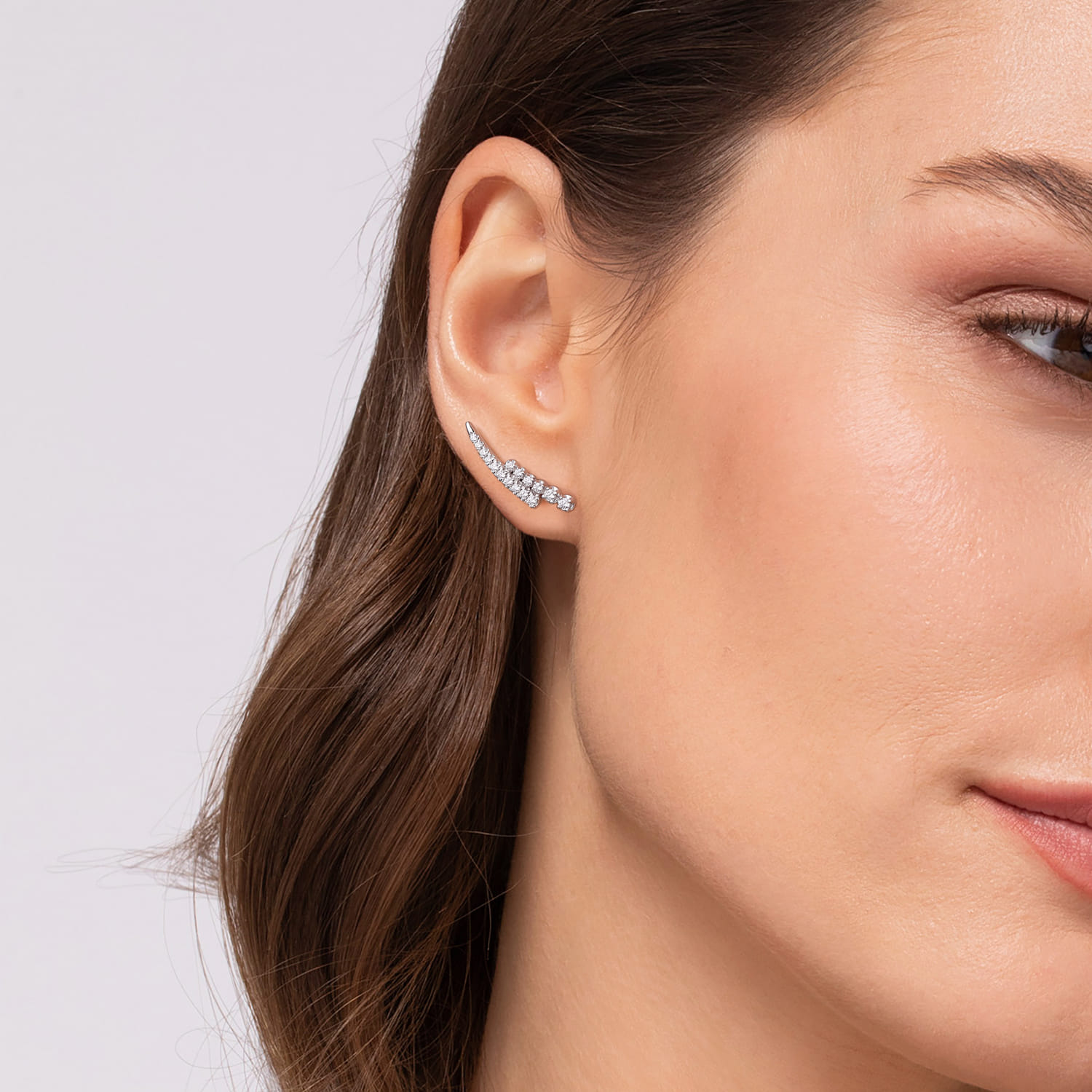 14K White Gold Diamond Double Row Stacked Ear Climber Earrings