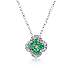 14K White Gold Diamond  Emerald Clover Pendant Necklace