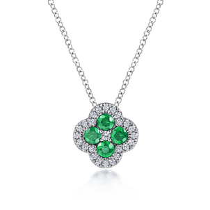 14K White Gold Diamond  Emerald Clover Pendant Necklace