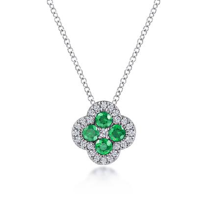 14K White Gold Diamond  Emerald Clover Pendant Necklace