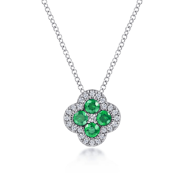 14K White Gold Diamond  Emerald Clover Pendant Necklace - 0.16 ct - Shot 1