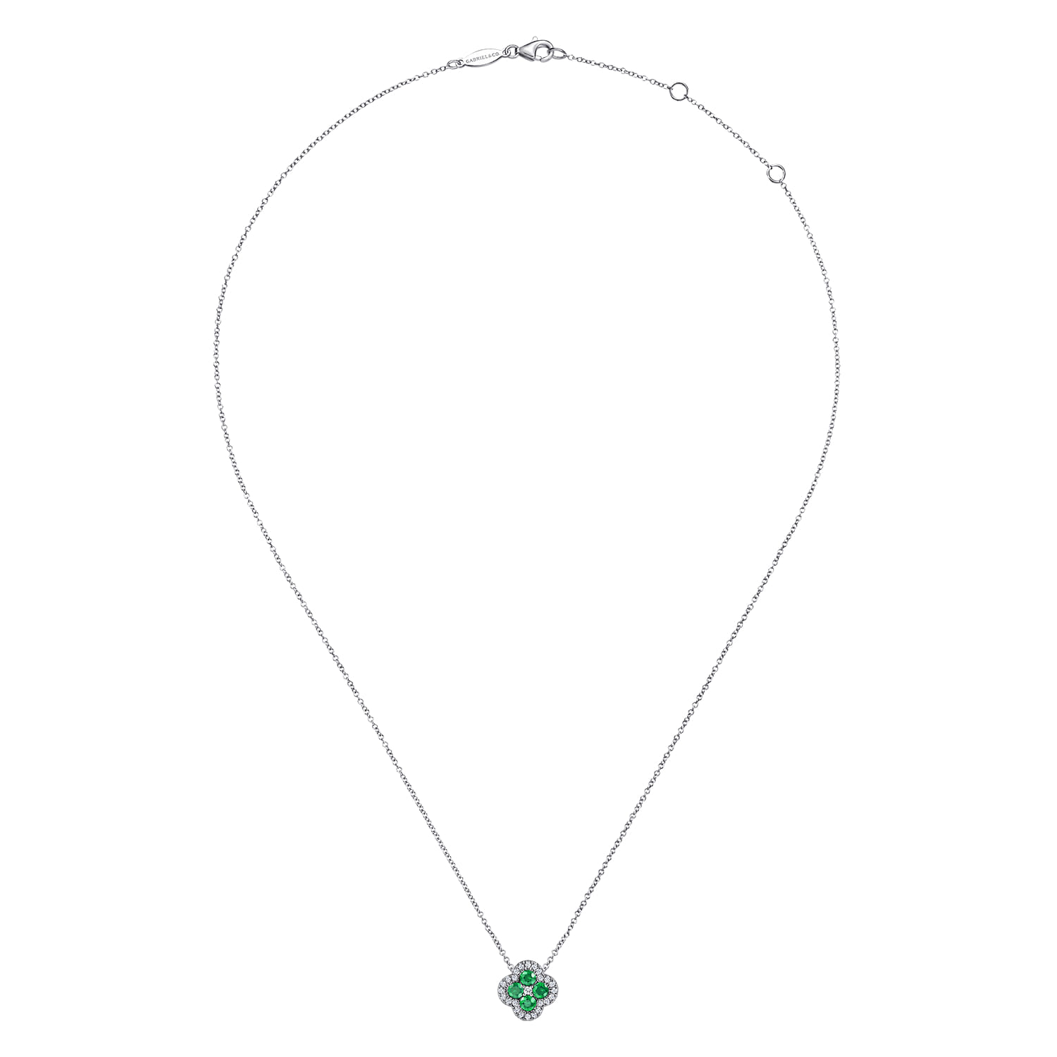 14K White Gold Diamond  Emerald Clover Pendant Necklace