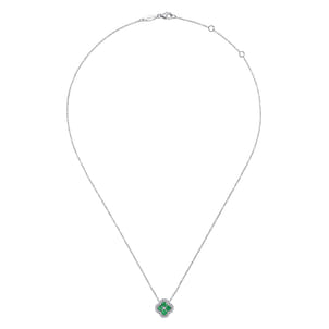 14K White Gold Diamond  Emerald Clover Pendant Necklace