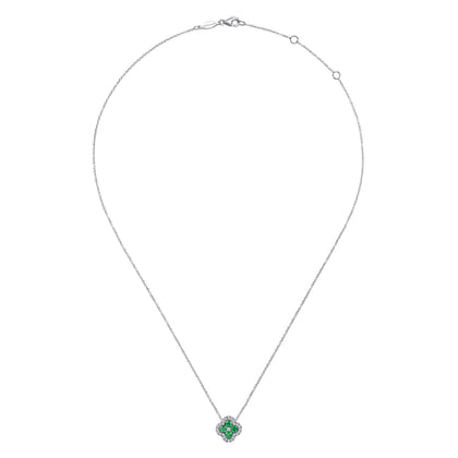 14K White Gold Diamond  Emerald Clover Pendant Necklace