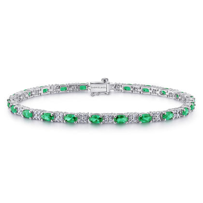 14K White Gold Diamond  Emerald Tennis Bracelet