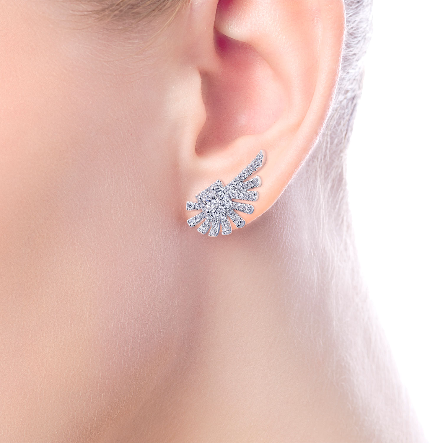 14K White Gold Diamond Fan Ear Climber Earrings - 0.8 ct - Shot 2