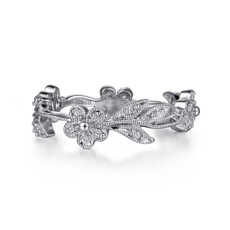 14K White Gold Diamond Floral Contoured Stackable Ring - 0.15 ct - Shot 1